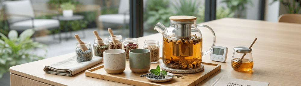 Glass teapot with herbal tea, six jars with herbs and spices, two cups, honey jar, and a book titled 'Herbal Tea Traditions: Global Flavors' on a wooden table