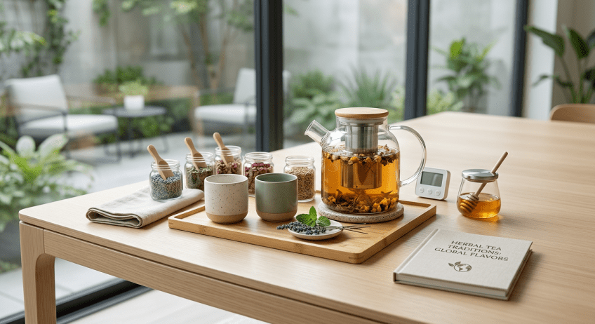 Glass teapot with herbal tea, six jars with herbs and spices, two cups, honey jar, and a book titled 'Herbal Tea Traditions: Global Flavors' on a wooden table
