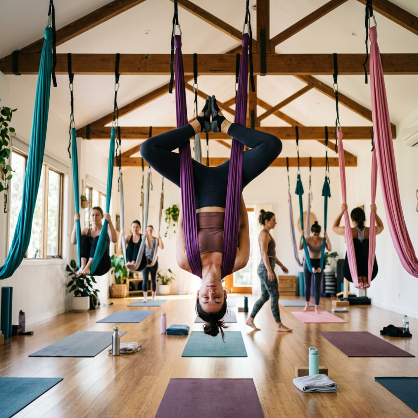 Group of people performing aerial yoga using suspended fabric hammocks in a brightly lit studio