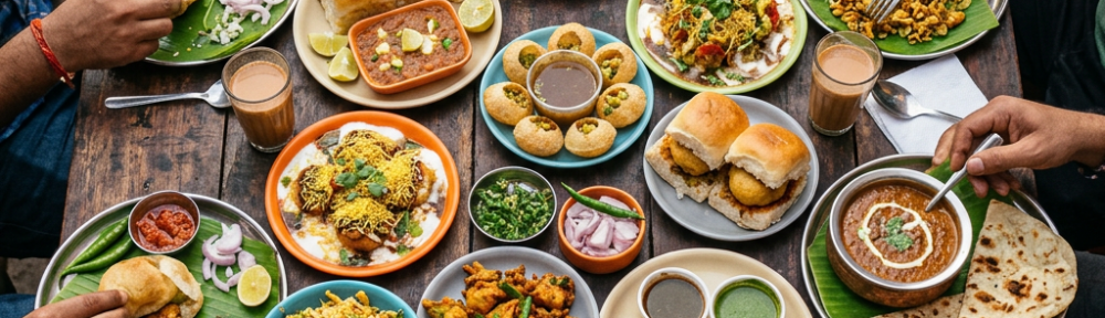 Variety of Indian street food including pani puri, samosas, pav bhaji, chole, kebabs, and beverages on a wooden table