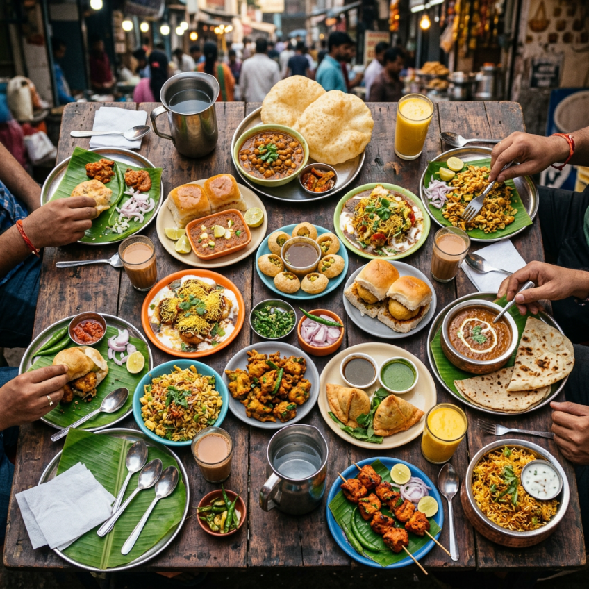 Variety of Indian street food including pani puri, samosas, pav bhaji, chole, kebabs, and beverages on a wooden table