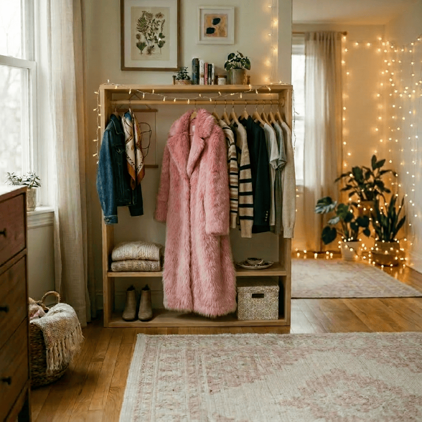 Open wooden wardrobe with pink fur coat, neutral clothes, and folded sweaters in a cozy bedroom