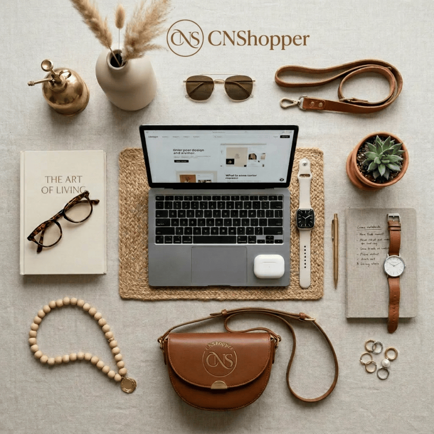 Laptop on woven mat with glasses, book, watches, plant, purse, and accessories