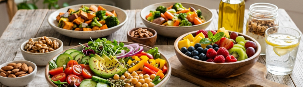 Healthy breakfast spread with salads, fruit, vegetables, nuts, and avocado toast