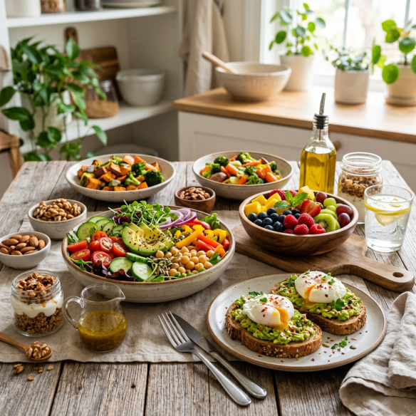 Healthy breakfast spread with salads, fruit, vegetables, nuts, and avocado toast